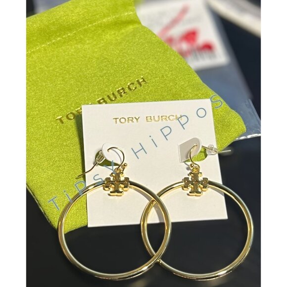 Tory Burch Gold Stacked T Logo Hoop Earrings - Picture 2 of 7